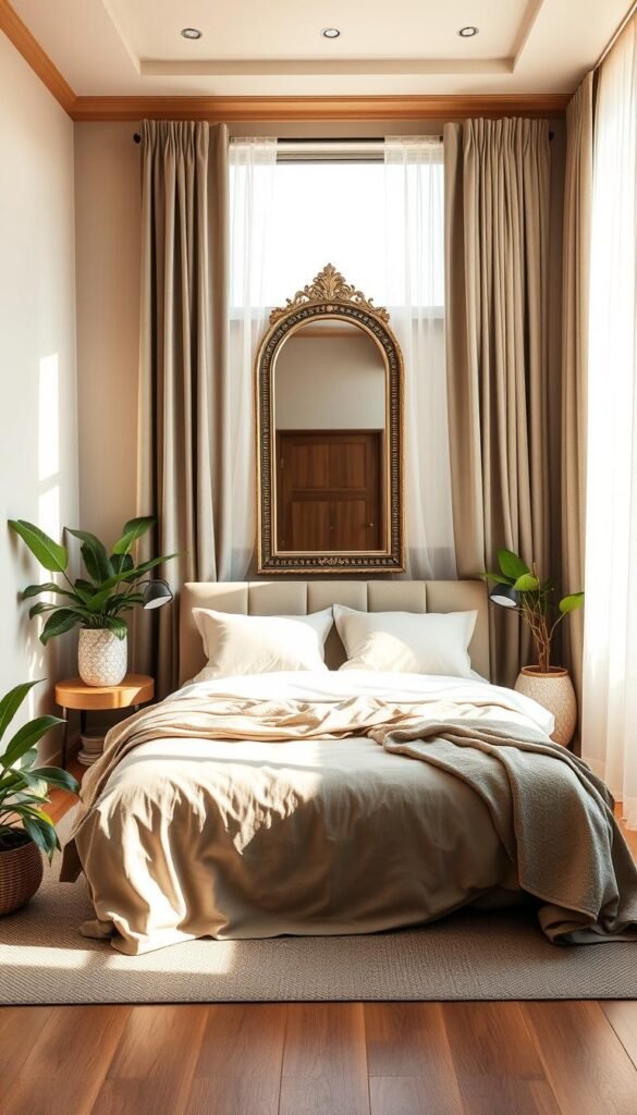A serene and harmonious bedroom layout, showcasing the Feng Shui principles of the commanding position. The room is bathed in warm, natural lighting, with a centrally positioned bed facing the door, creating a sense of control and security. Soft, muted tones of beige, gray, and sage green adorn the walls, complemented by natural wood accents and lush, verdant houseplants. A large, ornate mirror hangs opposite the bed, reflecting and amplifying the calming energy of the space. Delicate, sheer curtains gently sway, adding to the tranquil ambiance. The overall composition exudes a balanced, flowing atmosphere, inviting relaxation and repose. A serene and harmonious bedroom layout, showcasing the Feng Shui principles of the commanding position. The room is bathed in warm, natural lighting, with a centrally positioned bed facing the door, creating a sense of control and security. Soft, muted tones of beige, gray, and sage green adorn the walls, complemented by natural wood accents and lush, verdant houseplants. A large, ornate mirror hangs opposite the bed, reflecting and amplifying the calming energy of the space. Delicate, sheer curtains gently sway, adding to the tranquil ambiance. The overall composition exudes a balanced, flowing atmosphere, inviting relaxation and repose.