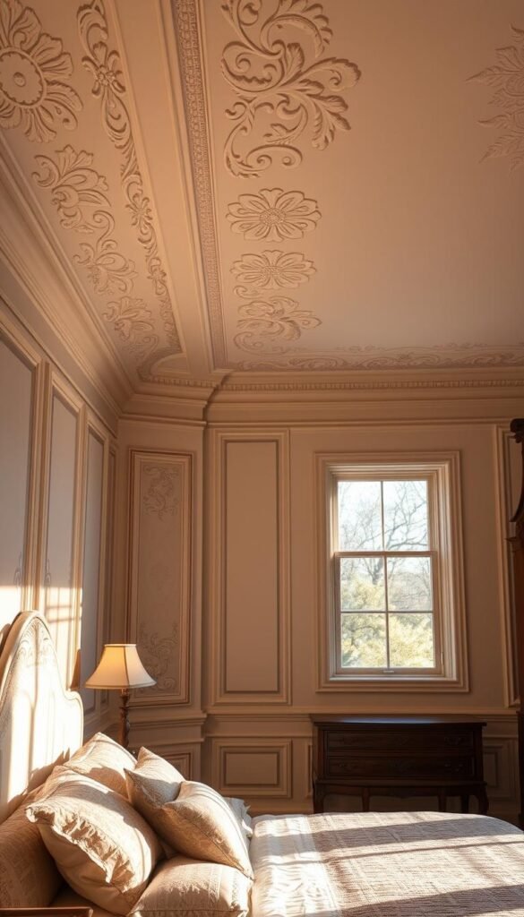 A serene and inviting bedroom interior with ornate architectural molding along the walls. The molding features intricate floral and leaf patterns, casting soft shadows in the warm, ambient lighting. The room has a classic, timeless elegance, with plush textiles and wood furnishings that complement the molding's ornate design. A large, rectangular window allows natural light to filter in, illuminating the delicate molding details. The overall atmosphere is one of refined sophistication, creating a cozy and visually captivating focal point within the bedroom space.