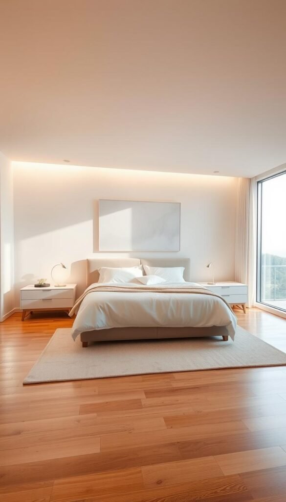 A serene and tranquil bedroom sanctuary, bathed in soft, warm lighting. A minimalist aesthetic with clean lines and uncluttered surfaces. A large, plush bed with crisp white linens, flanked by simple nightstands. Indirect lighting casts a gentle glow, creating a calming ambiance. The hardwood floors are complemented by a cozy area rug, and the walls are adorned with neutral-toned, abstract artwork. Ample natural light streams in through large, unadorned windows, highlighting the sense of spaciousness and openness. An overall atmosphere of peace, order, and personal well-being pervades the scene.