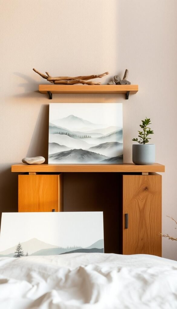 A serene landscape of rolling hills, bathed in soft, warm lighting. In the foreground, a tranquil watercolor painting depicts a peaceful forest scene, its muted colors and brushstrokes evoking a sense of calm. The middle ground features a set of minimalist, handcrafted wooden shelves, displaying an assortment of natural elements like driftwood, river stones, and a single potted plant. The background showcases a neutral-toned, textured wall, complementing the earthy tones and organic materials throughout the composition. The overall atmosphere is one of quiet contemplation, inviting the viewer to pause and find solace in the simple, yet thoughtfully curated, visual elements. A serene landscape of rolling hills, bathed in soft, warm lighting. In the foreground, a tranquil watercolor painting depicts a peaceful forest scene, its muted colors and brushstrokes evoking a sense of calm. The middle ground features a set of minimalist, handcrafted wooden shelves, displaying an assortment of natural elements like driftwood, river stones, and a single potted plant. The background showcases a neutral-toned, textured wall, complementing the earthy tones and organic materials throughout the composition. The overall atmosphere is one of quiet contemplation, inviting the viewer to pause and find solace in the simple, yet thoughtfully curated, visual elements.