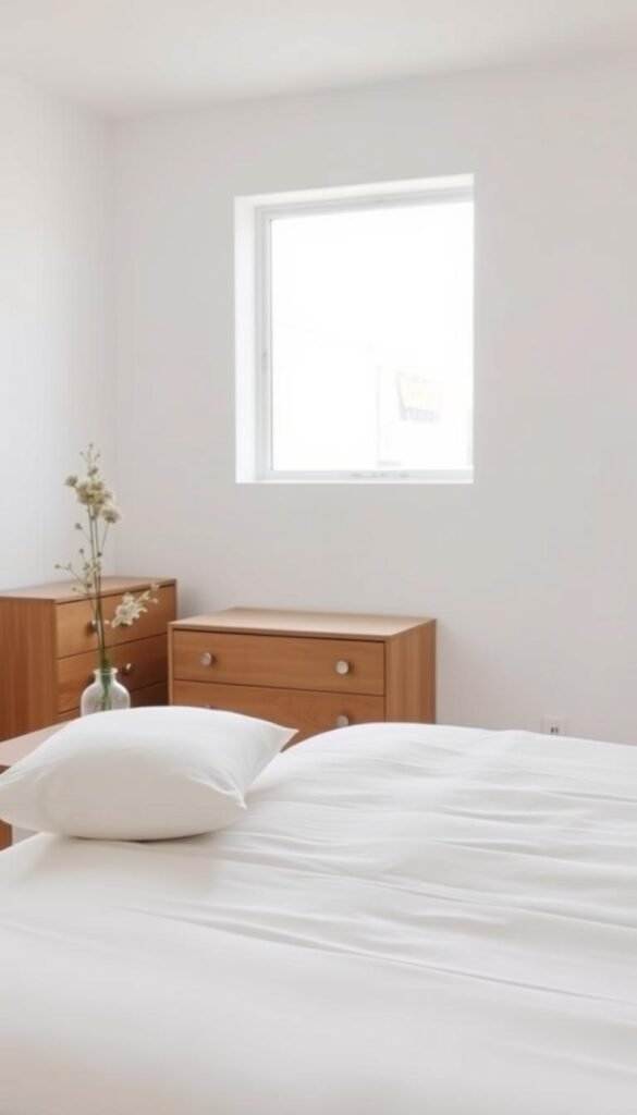 A serene, minimalist bedroom with soft, diffuse lighting. In the foreground, a neatly made bed with crisp white linens and a plush throw pillow. On the bedside table, a simple vase with a single stem of fragrant flowers. The middle ground features a wooden dresser with clean lines, its surface free of clutter. The background showcases a large window, allowing natural light to filter in, casting a warm, inviting glow throughout the space. The overall atmosphere is one of tranquility and well-maintained order, reflecting the harmonious and rejuvenating nature of a well-kept personal sanctuary.