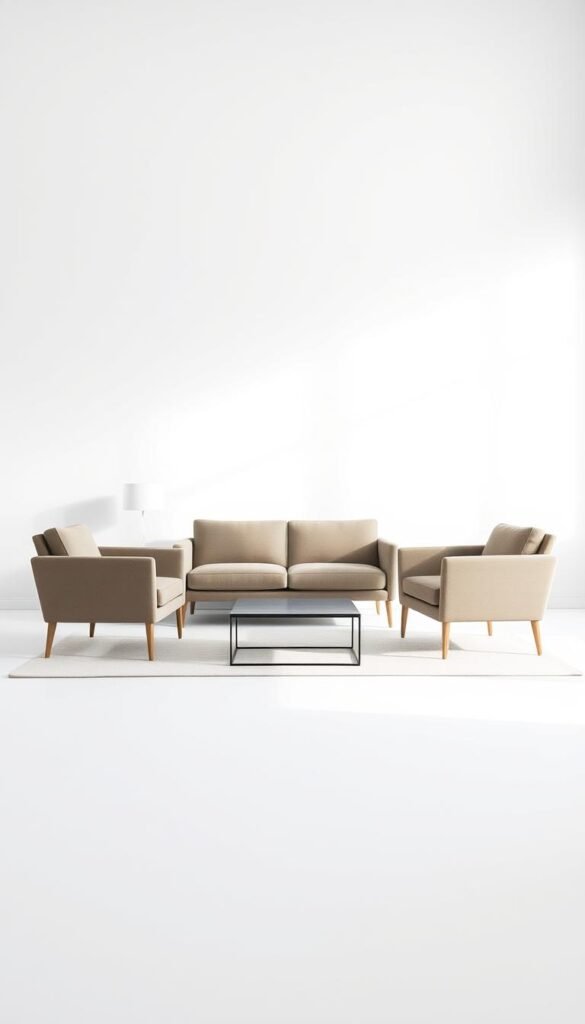 A serene, minimalist living room arrangement with a sleek, low-profile sofa and a pair of modern, armless chairs positioned symmetrically. The furniture is set against a plain, white wall backdrop, creating a clean, uncluttered aesthetic. Soft, natural lighting filters in through large windows, casting a warm, inviting glow over the space. The arrangement is intentionally sparse, with a small, rectangular coffee table as the sole accent piece, allowing the focus to remain on the simple, refined furniture silhouettes. An atmosphere of understated elegance and tranquility pervades the scene. A serene, minimalist living room arrangement with a sleek, low-profile sofa and a pair of modern, armless chairs positioned symmetrically. The furniture is set against a plain, white wall backdrop, creating a clean, uncluttered aesthetic. Soft, natural lighting filters in through large windows, casting a warm, inviting glow over the space. The arrangement is intentionally sparse, with a small, rectangular coffee table as the sole accent piece, allowing the focus to remain on the simple, refined furniture silhouettes. An atmosphere of understated elegance and tranquility pervades the scene.