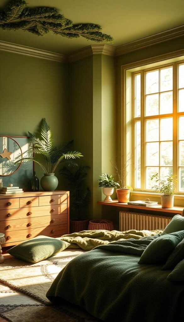 A serene, nature-inspired bedroom with a lush, verdant palette of green hues. The walls are painted in a soft, mossy green tone that evokes the tranquility of a forest glade, while plush textiles in various shades of sage and emerald create a cozy, grounding atmosphere. Sunlight streams in through large windows, casting a warm, golden glow and casting gentle shadows across the space. Touches of natural wood and plant life, such as a wooden dresser and potted ferns, further enhance the organic, biophilic feel. The overall effect is a peaceful, rejuvenating sanctuary that seamlessly blends the outdoors with the comfort of the indoors.