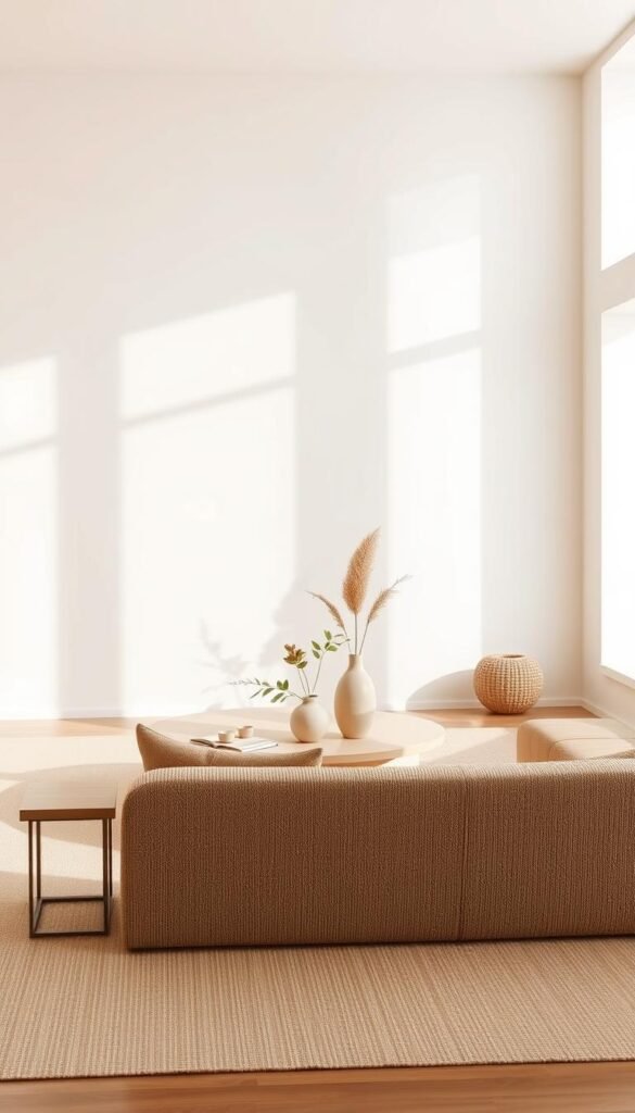A serene, neutral color palette in a tranquil Japandi-inspired living room. Soft, diffused natural lighting filters through large windows, casting a warm, muted glow over the space. In the foreground, a plush, textured sofa in an earthy beige tone invites relaxation, flanked by minimalist side tables in light wood. The middle ground features a low, curved coffee table in a complementary pale tone, surrounded by neutral-toned accents and plants in simple ceramic vessels. In the background, plain white walls create a calming, uncluttered backdrop, allowing the natural materials and muted hues to take center stage and evoke a sense of serene minimalism. A serene, neutral color palette in a tranquil Japandi-inspired living room. Soft, diffused natural lighting filters through large windows, casting a warm, muted glow over the space. In the foreground, a plush, textured sofa in an earthy beige tone invites relaxation, flanked by minimalist side tables in light wood. The middle ground features a low, curved coffee table in a complementary pale tone, surrounded by neutral-toned accents and plants in simple ceramic vessels. In the background, plain white walls create a calming, uncluttered backdrop, allowing the natural materials and muted hues to take center stage and evoke a sense of serene minimalism.