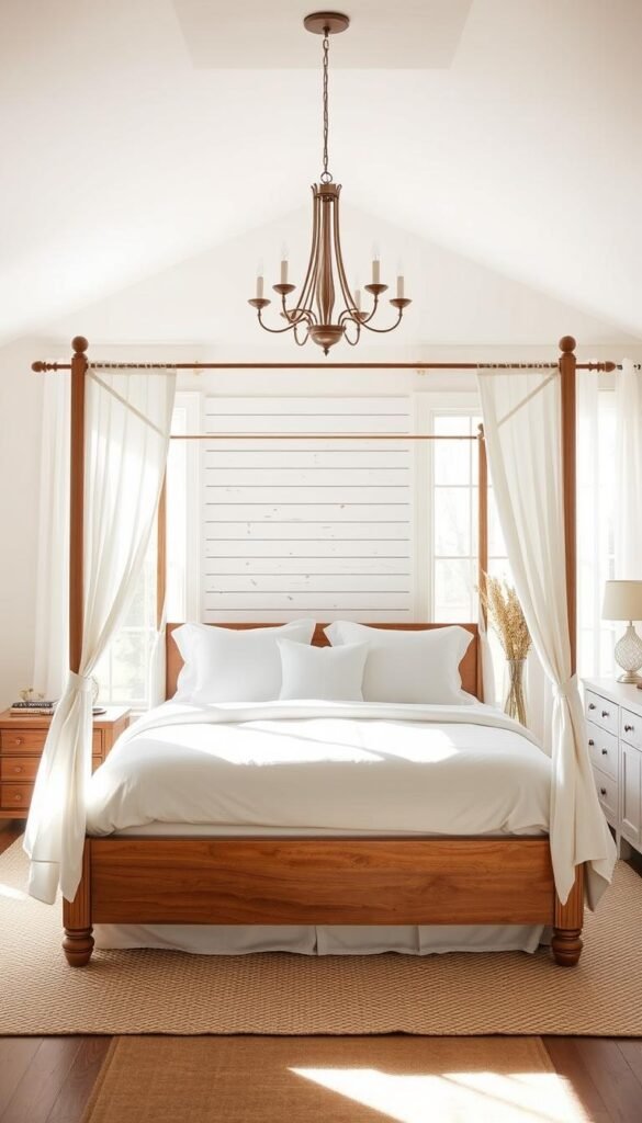A serene, sun-drenched modern farmhouse bedroom bathed in soft white tones. A four-poster bed with crisp white linens and plush pillows takes center stage, flanked by rustic wood nightstands and a vintage-inspired chandelier overhead. Sheer white curtains frame large windows, allowing natural light to pour in and cast a warm, inviting glow. In the background, a whitewashed wood-paneled accent wall adds texture, complemented by a cozy area rug and a minimalist white dresser. The overall atmosphere is one of peaceful simplicity and tranquil sophistication. A serene, sun-drenched modern farmhouse bedroom bathed in soft white tones. A four-poster bed with crisp white linens and plush pillows takes center stage, flanked by rustic wood nightstands and a vintage-inspired chandelier overhead. Sheer white curtains frame large windows, allowing natural light to pour in and cast a warm, inviting glow. In the background, a whitewashed wood-paneled accent wall adds texture, complemented by a cozy area rug and a minimalist white dresser. The overall atmosphere is one of peaceful simplicity and tranquil sophistication.