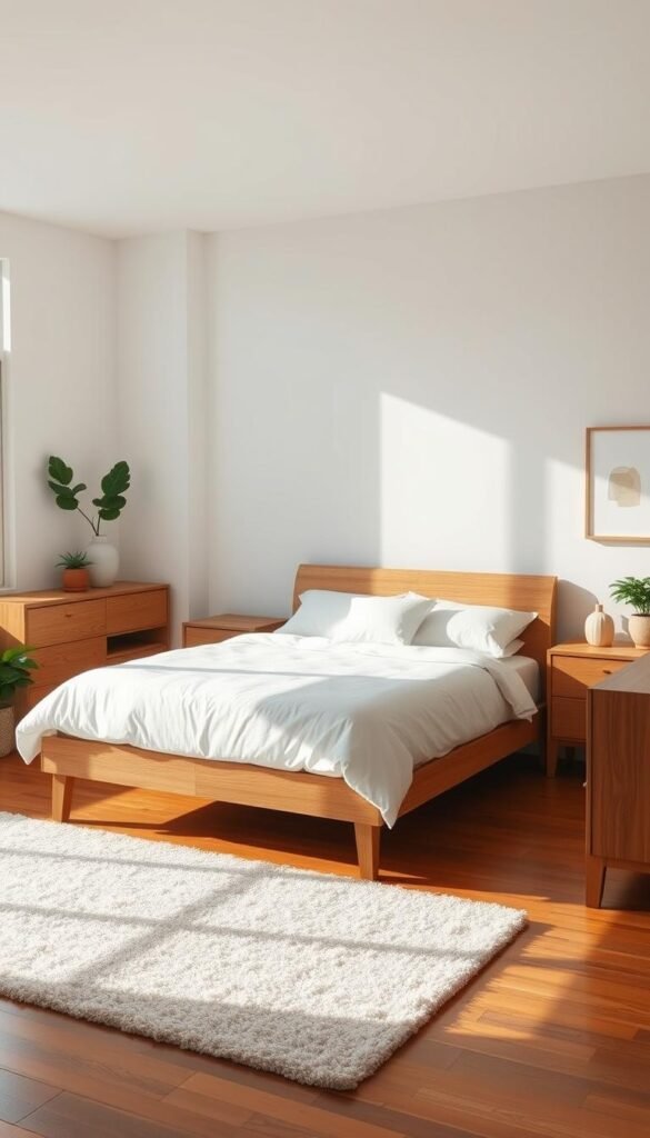 A serene, uncluttered bedroom bathed in soft natural light from large windows. A plush, inviting king-sized bed with crisp white linens and minimal decorative pillows takes center stage. Streamlined oak furniture, including a low-profile dresser and nightstands, create a harmonious, minimalist aesthetic. The hardwood floor is dotted with a shaggy off-white rug. Potted plants and a simple piece of abstract wall art lend subtle pops of greenery and color. The overall atmosphere is one of tranquility, focus, and rest - a true haven from the outside world.