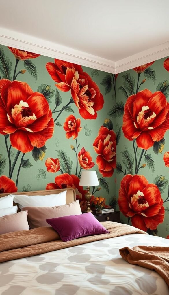 A serene, yet bold bedroom wall adorned with a captivating wallpaper design. The wallpaper features a striking, large-scale floral pattern in vibrant hues of crimson, ochre, and jade, creating a maximalist, yet refined aesthetic. The wallpaper spans the entire wall, commanding attention and making a bold statement. The lighting is soft and diffused, casting a warm, inviting glow that enhances the depth and texture of the wallpaper. The angle showcases the wallpaper in its full glory, highlighting the intricate details and the way it seamlessly blends with the overall bedroom decor. This image conveys a sense of artistic sophistication and a touch of whimsy, perfectly capturing the essence of "Wallpaper as Art: Maximalist and Minimalist Approaches". A serene, yet bold bedroom wall adorned with a captivating wallpaper design. The wallpaper features a striking, large-scale floral pattern in vibrant hues of crimson, ochre, and jade, creating a maximalist, yet refined aesthetic. The wallpaper spans the entire wall, commanding attention and making a bold statement. The lighting is soft and diffused, casting a warm, inviting glow that enhances the depth and texture of the wallpaper. The angle showcases the wallpaper in its full glory, highlighting the intricate details and the way it seamlessly blends with the overall bedroom decor. This image conveys a sense of artistic sophistication and a touch of whimsy, perfectly capturing the essence of "Wallpaper as Art: Maximalist and Minimalist Approaches".