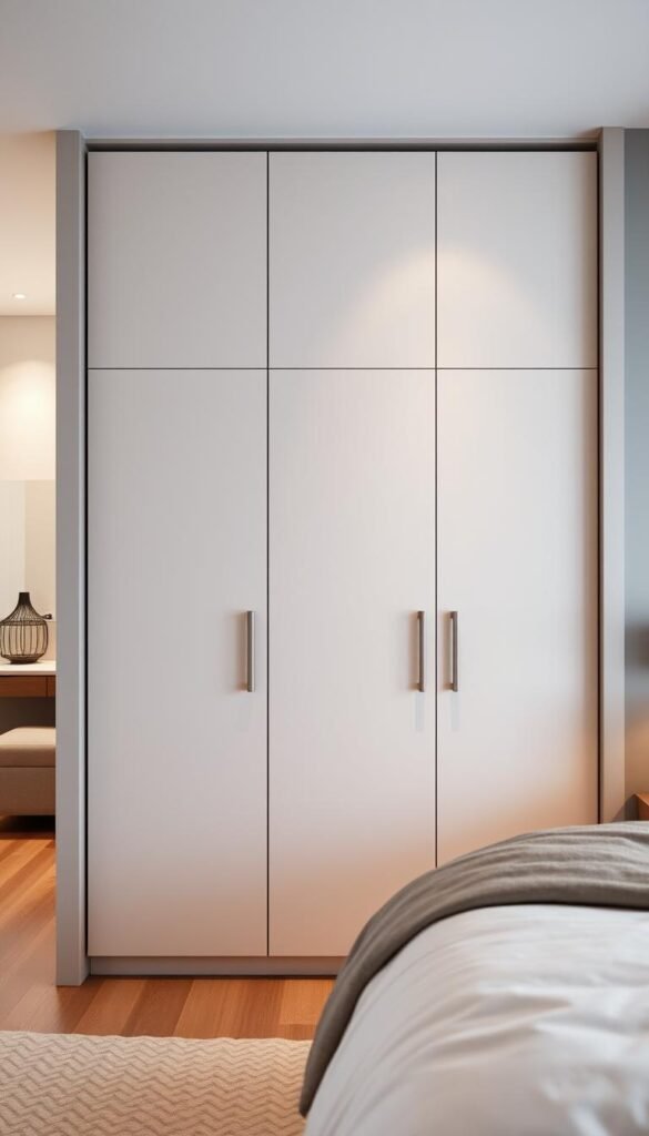 A sleek, built-in wardrobe seamlessly integrated into a modern bedroom interior. The wardrobe's design features clean lines, minimalist handles, and a neutral color palette that blends harmoniously with the surrounding decor. Soft, even lighting illuminates the wardrobe's panels, creating a sense of depth and highlighting the high-quality materials. The wardrobe's doors are flush with the wall, creating a streamlined, built-in appearance that maximizes the available space. The camera angle captures the wardrobe from a low perspective, emphasizing its impressive scale and the cohesive integration with the bedroom's architecture. A sleek, built-in wardrobe seamlessly integrated into a modern bedroom interior. The wardrobe's design features clean lines, minimalist handles, and a neutral color palette that blends harmoniously with the surrounding decor. Soft, even lighting illuminates the wardrobe's panels, creating a sense of depth and highlighting the high-quality materials. The wardrobe's doors are flush with the wall, creating a streamlined, built-in appearance that maximizes the available space. The camera angle captures the wardrobe from a low perspective, emphasizing its impressive scale and the cohesive integration with the bedroom's architecture.