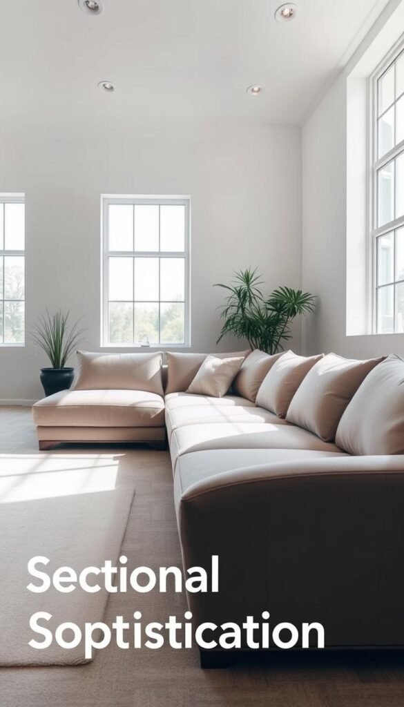 A sleek, contemporary sectional sofa with clean lines and a minimalist aesthetic. Set against a bright, airy room with large windows allowing natural light to flood in, creating a serene and inviting atmosphere. The sofa features plush, neutral-toned upholstery, punctuated by sharp, angular edges that give it a modern, architectural feel. Soft, diffused lighting from recessed ceiling fixtures casts a warm glow, highlighting the sofa's elegant curves and inviting visitors to sink in and relax. The overall scene exudes a sense of sophisticated, understated elegance - a harmonious blend of form and function that perfectly encapsulates the "Sectional Sophistication" theme. A sleek, contemporary sectional sofa with clean lines and a minimalist aesthetic. Set against a bright, airy room with large windows allowing natural light to flood in, creating a serene and inviting atmosphere. The sofa features plush, neutral-toned upholstery, punctuated by sharp, angular edges that give it a modern, architectural feel. Soft, diffused lighting from recessed ceiling fixtures casts a warm glow, highlighting the sofa's elegant curves and inviting visitors to sink in and relax. The overall scene exudes a sense of sophisticated, understated elegance - a harmonious blend of form and function that perfectly encapsulates the "Sectional Sophistication" theme.