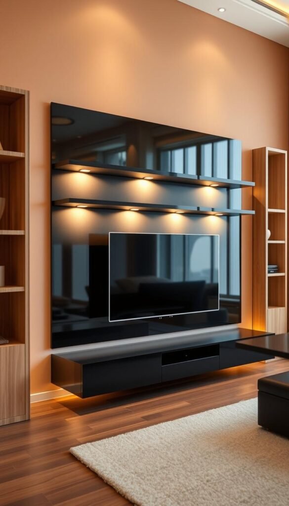 A sleek, modern entertainment unit design with clean lines and a minimalist aesthetic. The unit features a low-profile, floating design with a smooth, glossy black surface that reflects the soft, warm lighting in the room. The design incorporates subtle, recessed lighting that illuminates the shelves and creates a cozy, inviting atmosphere. The unit is flanked by tall, slim bookshelves in a natural wood finish, adding depth and texture to the design. The entire arrangement is set against a backdrop of a warm, neutral-toned wall, allowing the unit to take center stage and creating a harmonious, contemporary living space.