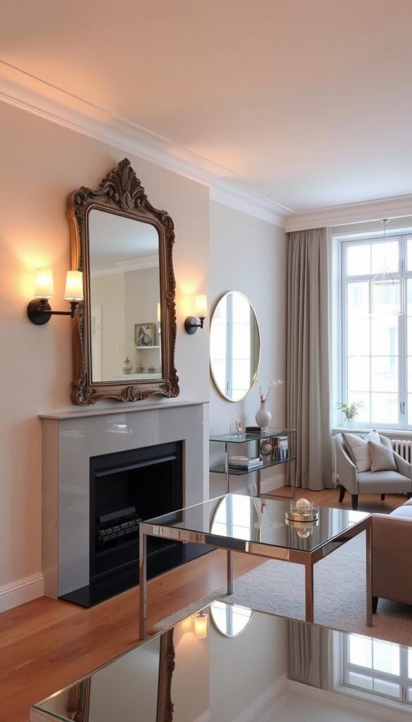 A small living room with strategic mirror placement that creates the illusion of depth and spaciousness. In the foreground, a large, ornate mirror is positioned above a sleek, minimalist fireplace, reflecting light and creating the impression of a larger room. In the middle ground, a mirror-topped console table reflects the room's decor, adding visual interest. The background features a large window, its reflection in a circular mirror on the adjacent wall enhancing the sense of airiness and openness. Warm, diffused lighting from sconces and a central pendant fixture create a cozy, inviting atmosphere, while the clean, neutral color palette and modern furniture give the space a refined, sophisticated look. A small living room with strategic mirror placement that creates the illusion of depth and spaciousness. In the foreground, a large, ornate mirror is positioned above a sleek, minimalist fireplace, reflecting light and creating the impression of a larger room. In the middle ground, a mirror-topped console table reflects the room's decor, adding visual interest. The background features a large window, its reflection in a circular mirror on the adjacent wall enhancing the sense of airiness and openness. Warm, diffused lighting from sconces and a central pendant fixture create a cozy, inviting atmosphere, while the clean, neutral color palette and modern furniture give the space a refined, sophisticated look.