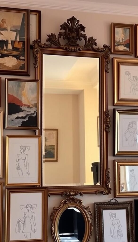 A sophisticated art gallery wall with an elegant mix of framed paintings, sketches, and mirrors. The centerpiece is a large, ornate mirror reflecting the warm, soft lighting and creating a sense of depth. Surrounding it are various abstract expressionist canvases, minimalist line drawings, and antique-style mirrors in gilded frames. The arrangement is carefully curated, with each piece complementing the others in a harmonious, visually-striking display. The overall atmosphere is one of refined taste, creative expression, and a touch of vintage charm. A sophisticated art gallery wall with an elegant mix of framed paintings, sketches, and mirrors. The centerpiece is a large, ornate mirror reflecting the warm, soft lighting and creating a sense of depth. Surrounding it are various abstract expressionist canvases, minimalist line drawings, and antique-style mirrors in gilded frames. The arrangement is carefully curated, with each piece complementing the others in a harmonious, visually-striking display. The overall atmosphere is one of refined taste, creative expression, and a touch of vintage charm.