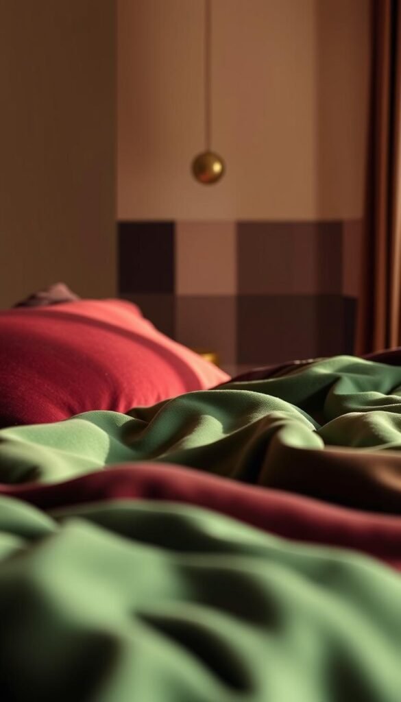 A sophisticated color palette of rich, muted tones, casting a serene and inviting ambiance. In the foreground, soft, velvety textures in shades of deep green and burgundy create a plush, luxurious feel. Subtle geometric patterns in the middle ground add visual interest, while the background is a harmonious blend of warm neutrals, like taupe and beige, providing a calming base. Warm, indirect lighting bathes the scene in a gentle glow, accentuating the depth and complexity of the color scheme. The overall mood is one of refined elegance, perfectly capturing the essence of a grown woman's sophisticated bedroom. A sophisticated color palette of rich, muted tones, casting a serene and inviting ambiance. In the foreground, soft, velvety textures in shades of deep green and burgundy create a plush, luxurious feel. Subtle geometric patterns in the middle ground add visual interest, while the background is a harmonious blend of warm neutrals, like taupe and beige, providing a calming base. Warm, indirect lighting bathes the scene in a gentle glow, accentuating the depth and complexity of the color scheme. The overall mood is one of refined elegance, perfectly capturing the essence of a grown woman's sophisticated bedroom.