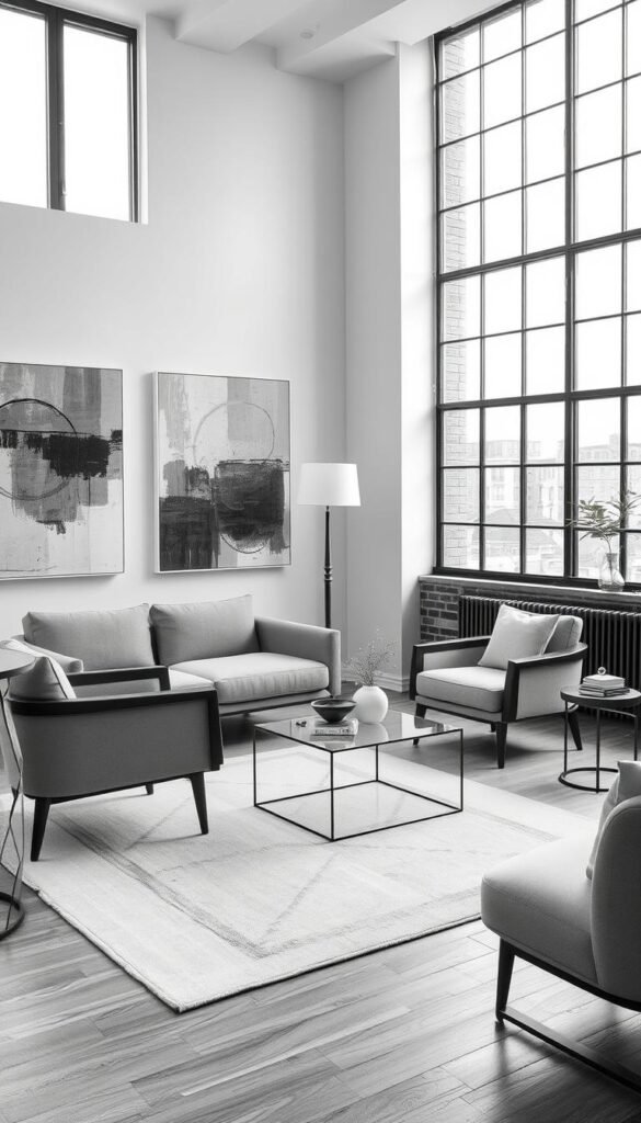 A sophisticated monochrome living room featuring a harmonious blend of distinct design styles. In the foreground, a mid-century modern sofa and armchair sit atop a sleek, minimalist rug. On the walls, abstract expressionist paintings in shades of gray create visual interest. The middle ground showcases a statement vintage floor lamp and a contemporary glass coffee table. Subtle industrial touches, such as a metal side table and exposed brick, add depth and character. The background is dominated by large windows that flood the space with soft, natural lighting, creating a calm and serene atmosphere. A sophisticated monochrome living room featuring a harmonious blend of distinct design styles. In the foreground, a mid-century modern sofa and armchair sit atop a sleek, minimalist rug. On the walls, abstract expressionist paintings in shades of gray create visual interest. The middle ground showcases a statement vintage floor lamp and a contemporary glass coffee table. Subtle industrial touches, such as a metal side table and exposed brick, add depth and character. The background is dominated by large windows that flood the space with soft, natural lighting, creating a calm and serene atmosphere.