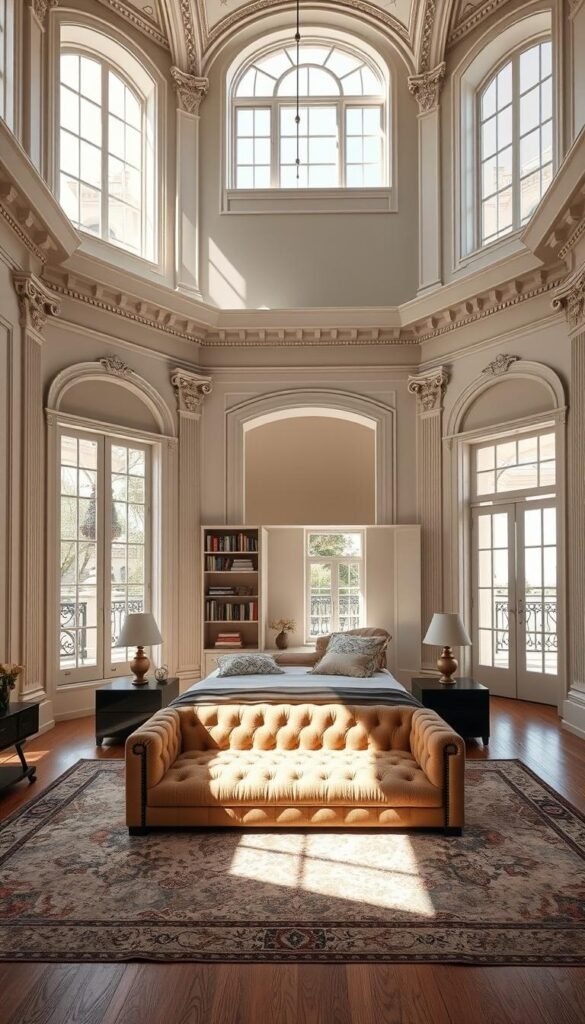 A spacious and airy bedroom layout with striking architectural features. Sunlight streams through large windows, illuminating the room's high ceilings and ornamental moldings. In the foreground, a plush, tufted bed sits atop a patterned area rug, flanked by sleek nightstands. Bookshelves and a cozy reading nook occupy the middle ground, while the background showcases elegant French doors leading to a balcony. The overall atmosphere is one of refined sophistication, where the room's unique architectural elements seamlessly integrate with the furniture and decor to create a balanced and harmonious space. A spacious and airy bedroom layout with striking architectural features. Sunlight streams through large windows, illuminating the room's high ceilings and ornamental moldings. In the foreground, a plush, tufted bed sits atop a patterned area rug, flanked by sleek nightstands. Bookshelves and a cozy reading nook occupy the middle ground, while the background showcases elegant French doors leading to a balcony. The overall atmosphere is one of refined sophistication, where the room's unique architectural elements seamlessly integrate with the furniture and decor to create a balanced and harmonious space.
