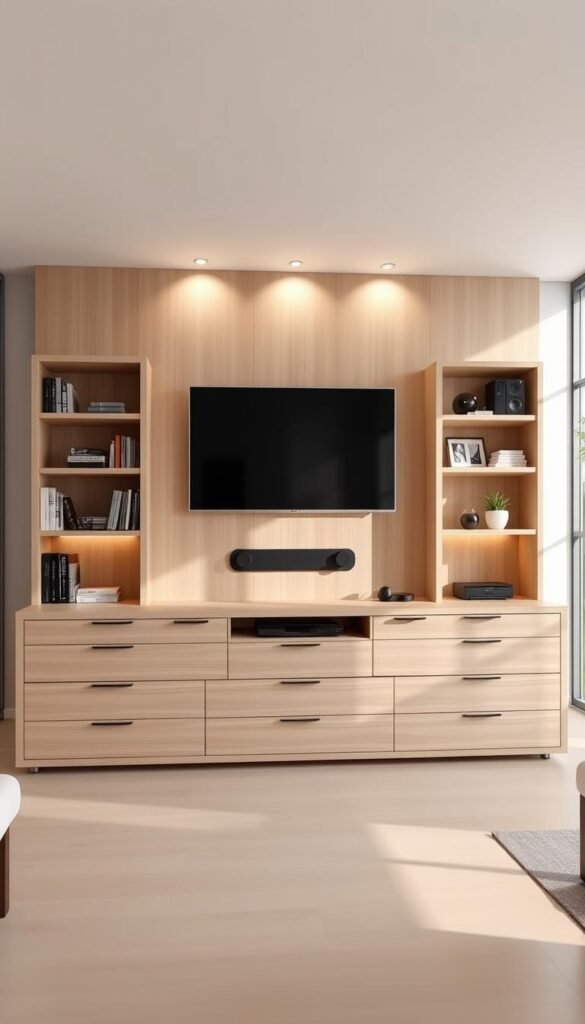 A spacious and modern multi-purpose entertainment unit with a sleek, minimalist design. A large central TV display is flanked by open shelving for books, speakers, and decorative accents. Beneath, a series of drawers and cabinets provide ample hidden storage space. The unit is made of light-colored wood with clean lines and a matte finish, creating a warm and inviting ambiance. Soft, indirect lighting illuminates the piece from above, casting a gentle glow. The unit is positioned in a bright, airy living room setting with large windows and natural sunlight filtering in. The overall aesthetic is one of functionality, simplicity, and seamless integration with the surrounding decor.