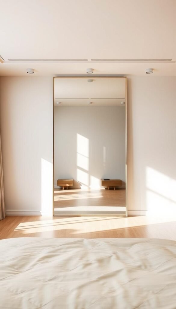 A spacious bedroom filled with natural light, a grand mirror positioned at the center, reflecting the room's depth and creating an illusion of expanded space. The mirror is framed in a sleek, minimalist design, its surface gleaming with a smooth, high-polish finish. Soft, diffused lighting filters through the room, casting a warm, inviting glow that accentuates the mirror's ability to capture and amplify the spatial qualities of the space. The mirror's placement is strategic, positioned to draw the eye and create a sense of visual depth, seamlessly blending the boundaries between the physical and the reflected realms.