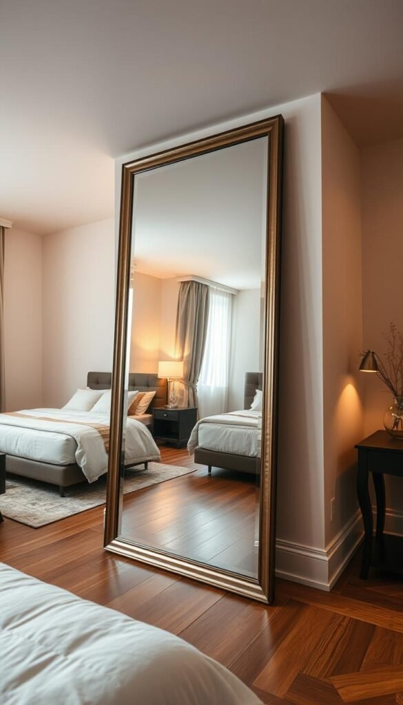 A spacious bedroom with a full-length mirror taking center stage. The mirror is positioned at an angle, reflecting the room's contents in a distorted, yet captivating manner. Warm, diffused lighting bathes the scene, creating a sense of depth and dimension. The mirror's surface appears to shimmer, hinting at a spatial expansion beyond the physical confines of the room. Subtle textures and materials, such as polished wood floors and plush bedding, complement the overall aesthetic. The composition invites the viewer to step into the mirror's reflected world, blurring the lines between reality and illusion.