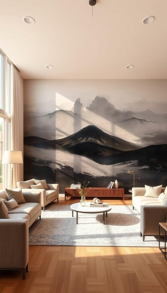 A spacious modern living room, bathed in warm natural lighting from large windows. Across the far wall, a stunning mural wallpaper depicting an abstract landscape, with bold brushstrokes and muted tones that create a sense of depth and dimension. The wallpaper's intricate patterns and textures draw the eye inward, while the strategic lighting from floor lamps and a minimalist ceiling fixture accentuate the artwork's depth and shadows. Plush, neutral-toned furniture and decor elements complement the wallpaper's subtle colors, blending seamlessly to craft a cohesive, visually striking interior design. A spacious modern living room, bathed in warm natural lighting from large windows. Across the far wall, a stunning mural wallpaper depicting an abstract landscape, with bold brushstrokes and muted tones that create a sense of depth and dimension. The wallpaper's intricate patterns and textures draw the eye inward, while the strategic lighting from floor lamps and a minimalist ceiling fixture accentuate the artwork's depth and shadows. Plush, neutral-toned furniture and decor elements complement the wallpaper's subtle colors, blending seamlessly to craft a cohesive, visually striking interior design.