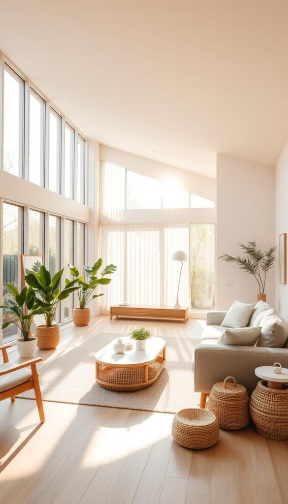 A spacious, modern living room bathed in warm, natural sunlight streaming through large, floor-to-ceiling windows. The room has a minimalist, Scandinavian-inspired design with clean lines, light-colored wood furniture, and soft, neutral textiles. Strategically placed mirrors reflect the incoming light, further enhancing the airy, bright atmosphere. Potted plants and natural décor elements, such as woven baskets, add pops of greenery and texture, complementing the overall minimalist aesthetic. The room's layout maximizes the available natural light, with furniture and décor arranged to take full advantage of the window placement and orientation. A spacious, modern living room bathed in warm, natural sunlight streaming through large, floor-to-ceiling windows. The room has a minimalist, Scandinavian-inspired design with clean lines, light-colored wood furniture, and soft, neutral textiles. Strategically placed mirrors reflect the incoming light, further enhancing the airy, bright atmosphere. Potted plants and natural décor elements, such as woven baskets, add pops of greenery and texture, complementing the overall minimalist aesthetic. The room's layout maximizes the available natural light, with furniture and décor arranged to take full advantage of the window placement and orientation.