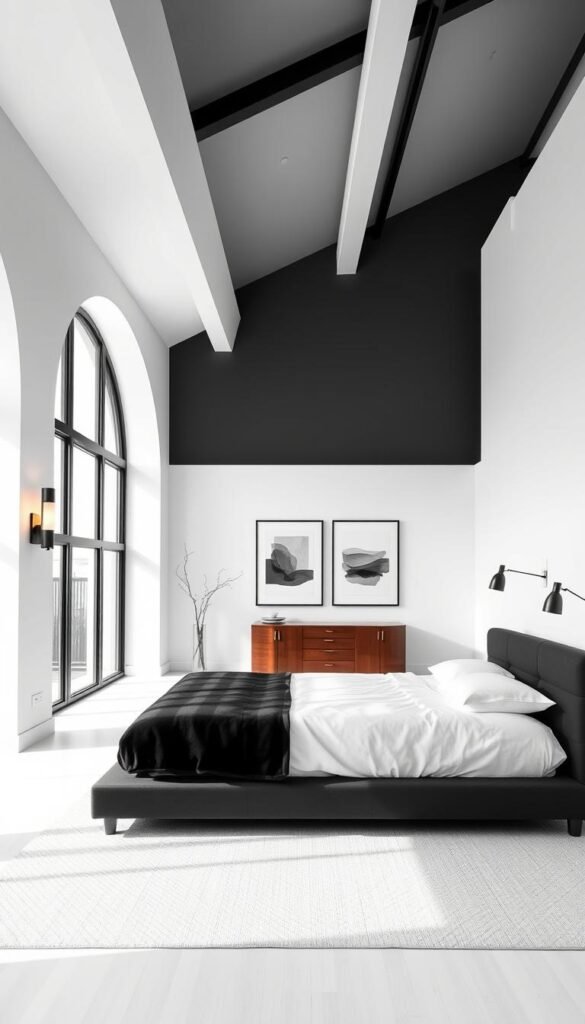 A spacious, monochromatic bedroom design with a harmonious balance of black and white elements. In the foreground, a sleek, minimalist platform bed with crisp white sheets and a plush black headboard. Soft, indirect lighting from wall-mounted sconces casts a warm, cozy glow across the room. In the middle ground, a mid-century modern dresser in a rich, dark wood tone complements the black-and-white color scheme. Framed abstract art pieces in shades of gray hang elegantly on the pristine white walls. The background features large, arched windows that flood the space with natural light, creating a serene, airy atmosphere. The overall aesthetic conveys a timeless, sophisticated charm. A spacious, monochromatic bedroom design with a harmonious balance of black and white elements. In the foreground, a sleek, minimalist platform bed with crisp white sheets and a plush black headboard. Soft, indirect lighting from wall-mounted sconces casts a warm, cozy glow across the room. In the middle ground, a mid-century modern dresser in a rich, dark wood tone complements the black-and-white color scheme. Framed abstract art pieces in shades of gray hang elegantly on the pristine white walls. The background features large, arched windows that flood the space with natural light, creating a serene, airy atmosphere. The overall aesthetic conveys a timeless, sophisticated charm.