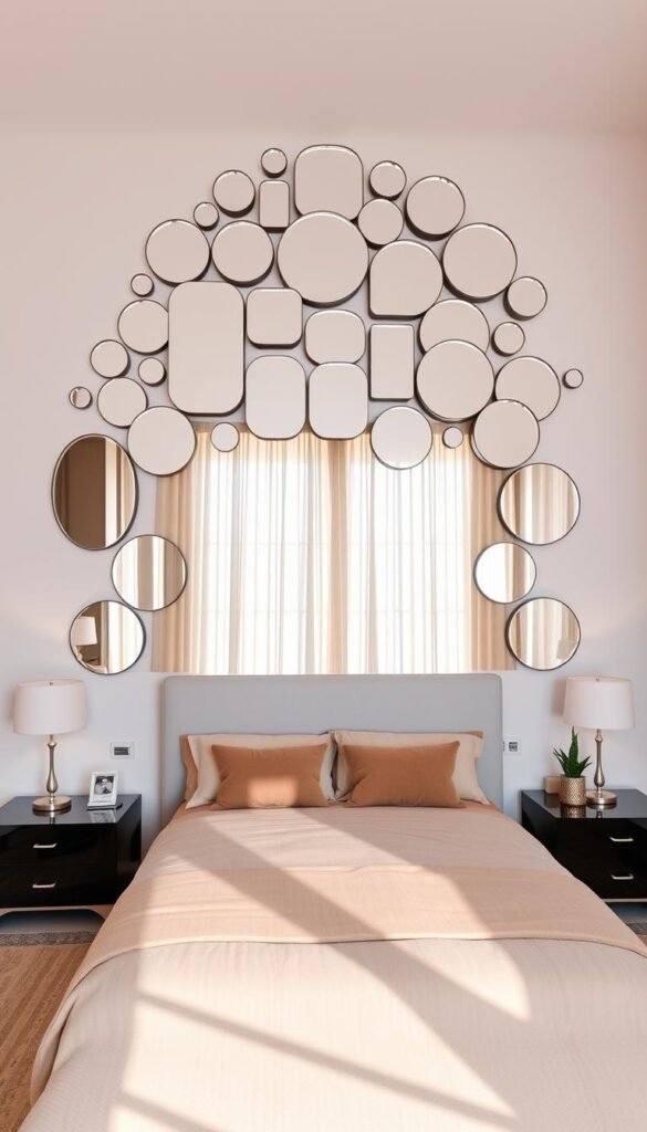 A spacious, well-lit bedroom featuring a striking mirrored wall arrangement. In the foreground, a collection of mirrors in varying shapes and sizes are artfully clustered, reflecting the room's warm, inviting ambiance. The mirrors are mounted on a clean, minimalist wall, creating the illusion of depth and expansion. The middle ground showcases a cozy, inviting bed dressed in soft, plush bedding, flanked by sleek nightstands. Soft, diffused lighting filters through sheer curtains, casting a gentle glow throughout the space. The background reveals a neutral, tranquil color scheme, allowing the mirrored display to take center stage. The overall effect is one of elegance, sophistication, and a heightened sense of visual interest. A spacious, well-lit bedroom featuring a striking mirrored wall arrangement. In the foreground, a collection of mirrors in varying shapes and sizes are artfully clustered, reflecting the room's warm, inviting ambiance. The mirrors are mounted on a clean, minimalist wall, creating the illusion of depth and expansion. The middle ground showcases a cozy, inviting bed dressed in soft, plush bedding, flanked by sleek nightstands. Soft, diffused lighting filters through sheer curtains, casting a gentle glow throughout the space. The background reveals a neutral, tranquil color scheme, allowing the mirrored display to take center stage. The overall effect is one of elegance, sophistication, and a heightened sense of visual interest.