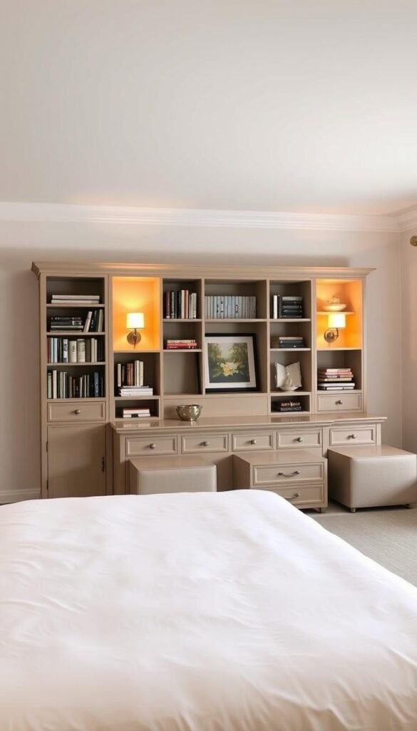 A spacious, well-lit bedroom showcasing a multipurpose storage headboard. The headboard features ample bookshelves, cubbies, and drawers, providing both style and function. Warm, diffused lighting from sconces casts a cozy glow, complementing the neutral color palette of the room. The headboard seamlessly blends into the overall decor, creating a cohesive, harmonious look. In the foreground, a plush, inviting bed with crisp linens and a decorative throw pillow. The middle ground showcases a pair of matching nightstands with sleek, minimalist design, offering additional storage space. The background subtly fades into a serene, calming wall color, allowing the focal point of the storage headboard to shine. A spacious, well-lit bedroom showcasing a multipurpose storage headboard. The headboard features ample bookshelves, cubbies, and drawers, providing both style and function. Warm, diffused lighting from sconces casts a cozy glow, complementing the neutral color palette of the room. The headboard seamlessly blends into the overall decor, creating a cohesive, harmonious look. In the foreground, a plush, inviting bed with crisp linens and a decorative throw pillow. The middle ground showcases a pair of matching nightstands with sleek, minimalist design, offering additional storage space. The background subtly fades into a serene, calming wall color, allowing the focal point of the storage headboard to shine.