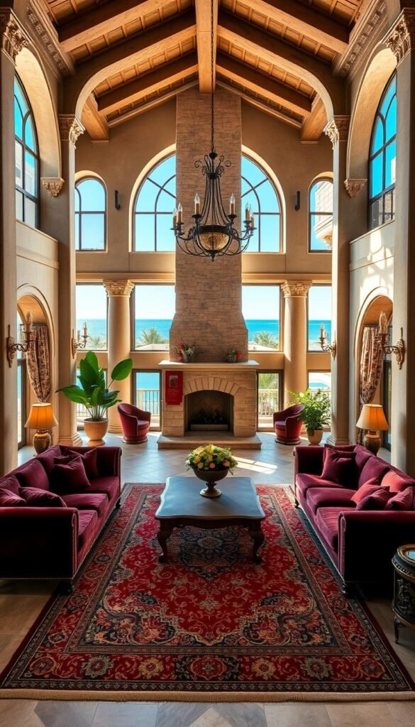 A sprawling Mediterranean-inspired luxury living room, sunlight streaming through grand arched windows overlooking a terrace with a view of the azure sea beyond. Plush velvet sofas and armchairs in rich jewel tones surround a central ornate coffee table, atop a sumptuous Persian rug. Towering columns support a vaulted, beamed ceiling, while a massive stone fireplace anchors the room, casting a warm glow. Antique brass sconces and chandeliers illuminate the space, creating an atmosphere of timeless opulence. Ornate damask curtains frame the windows, and lush potted plants add verdant accents. This is a space evocative of a palatial villa, exuding a sense of refined elegance and old-world grandeur.