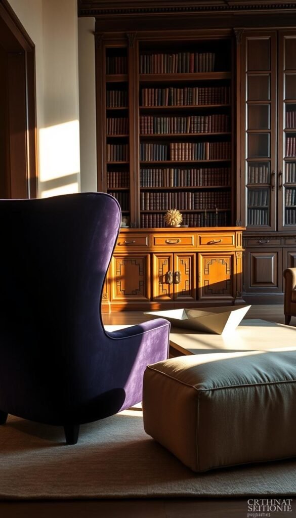 A striking, elegant living room featuring a curated collection of statement furniture pieces. In the foreground, a luxurious, high-backed armchair upholstered in rich, jewel-toned velvet, casting dramatic shadows under warm, directional lighting. In the middle ground, a sculptural, modern coffee table with clean, geometric lines, balanced by a plush, oversized ottoman covered in soft, neutral linen. In the background, a grand, antique-inspired sideboard with intricate wood detailing, flanked by tall, floor-to-ceiling bookshelves filled with leather-bound volumes. The overall atmosphere is one of refined sophistication, with a subtle interplay of textures, shapes, and tones creating a harmonious, visually compelling scene. A striking, elegant living room featuring a curated collection of statement furniture pieces. In the foreground, a luxurious, high-backed armchair upholstered in rich, jewel-toned velvet, casting dramatic shadows under warm, directional lighting. In the middle ground, a sculptural, modern coffee table with clean, geometric lines, balanced by a plush, oversized ottoman covered in soft, neutral linen. In the background, a grand, antique-inspired sideboard with intricate wood detailing, flanked by tall, floor-to-ceiling bookshelves filled with leather-bound volumes. The overall atmosphere is one of refined sophistication, with a subtle interplay of textures, shapes, and tones creating a harmonious, visually compelling scene.