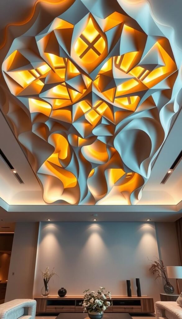 A stunning 3D sculptural ceiling design that commands attention as the focal point of the living room. In the foreground, an intricate web of intersecting geometric shapes and planes, cast in warm golden tones and backlit to create depth and drama. The middle ground features flowing, organic forms that cascade down the walls, blending seamlessly with the geometric focal point. Soft, indirect lighting from concealed sources bathes the space in a serene, ethereal glow, casting gentle shadows that accentuate the sculptural elements. The background showcases a minimalist, neutral color palette that allows the sculptural centerpiece to shine. Overall, the design exudes a sense of modern elegance and innovation, creating a captivating visual anchor for the living room.