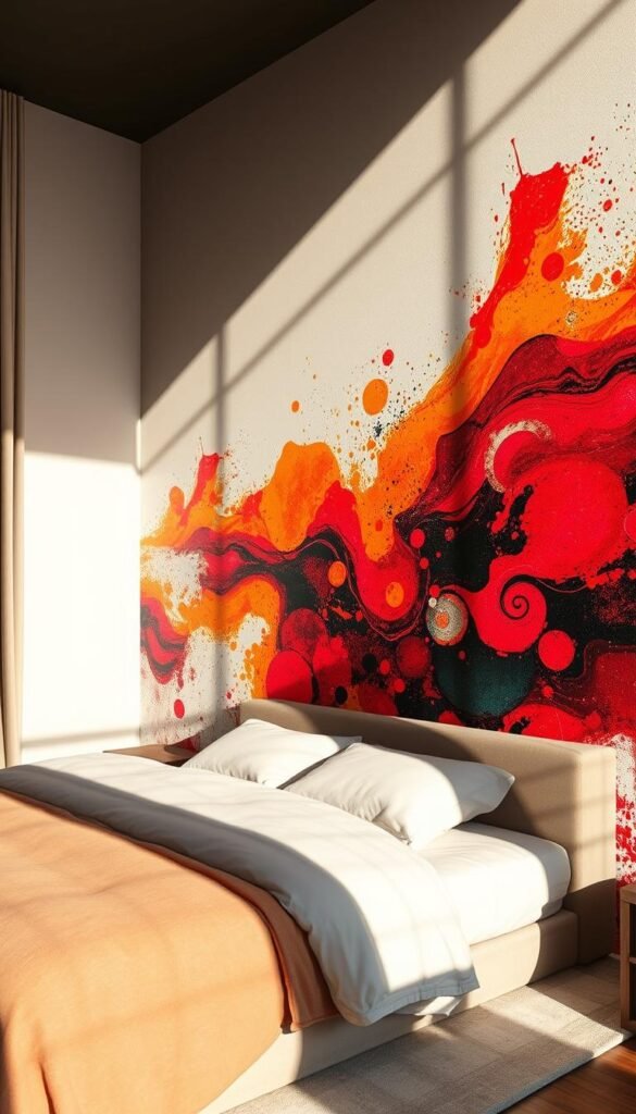 A stunning, captivating statement wall treatment, featuring a striking, abstract mural in a bold, vibrant color palette. The mural's dynamic, layered patterns and textures create a visually captivating focal point, drawing the eye and commanding attention. Dramatic lighting casts dramatic shadows, adding depth and drama to the scene. The wall is positioned in a cozy, inviting bedroom setting, with a plush, minimalist bed and soft, natural textures creating a serene, harmonious atmosphere. The overall composition exudes a sense of modern, sophisticated elegance, perfectly capturing the essence of a bold, statement-making wall treatment that leaves a lasting impression. A stunning, captivating statement wall treatment, featuring a striking, abstract mural in a bold, vibrant color palette. The mural's dynamic, layered patterns and textures create a visually captivating focal point, drawing the eye and commanding attention. Dramatic lighting casts dramatic shadows, adding depth and drama to the scene. The wall is positioned in a cozy, inviting bedroom setting, with a plush, minimalist bed and soft, natural textures creating a serene, harmonious atmosphere. The overall composition exudes a sense of modern, sophisticated elegance, perfectly capturing the essence of a bold, statement-making wall treatment that leaves a lasting impression.
