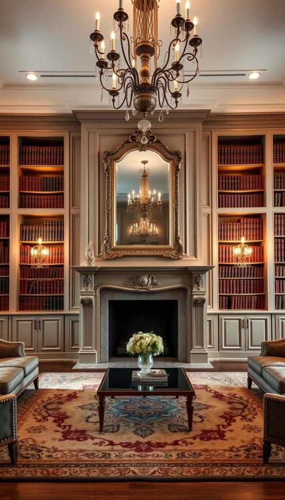 A stunning, elegantly-designed focal point in a formal living room, capturing the essence of sophisticated gatherings. The centerpiece is a grand fireplace mantel, adorned with ornate moldings and a large, ornate mirror above. The mantel is flanked by tall, built-in bookshelves filled with leather-bound volumes, casting a warm, inviting glow. The room is bathed in soft, diffused lighting from sconces and a grand chandelier overhead, creating a cozy, intimate atmosphere. The floors are covered in a rich, patterned rug, complementing the neutral color palette and luxurious textures throughout. This carefully curated focal point commands attention and sets the tone for elegant, refined entertaining.