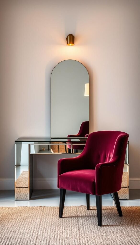 A stunning mirrored vanity table stands proudly in the center of the frame, its polished surface reflecting the warm glow of a mid-century inspired brass lamp. The vanity's elegant silhouette is accentuated by the soft, diffused lighting, creating an atmosphere of understated sophistication. In the foreground, a plush velvet chair in a rich burgundy hue invites the viewer to sit and admire the vanity's captivating design. The background features a minimalist, muted wall color that allows the vanity to take center stage, while subtle textural elements, such as a woven area rug, add depth and interest to the overall composition. This visually striking scene effortlessly blends timeless elegance with a modern sensibility, making a bold statement that is sure to inspire and delight.