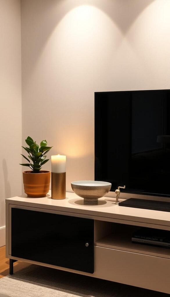 A stylish TV stand with a curated display of decorative elements. The stand features clean lines and a neutral color palette, providing a sleek and modern backdrop. Atop the stand, an assortment of decorative objects are carefully arranged - a potted plant, a candle, a decorative bowl, and a small sculptural piece. Soft, directional lighting casts a warm glow, highlighting the textures and shapes of the elements. The arrangement creates a visually appealing and harmonious display, complementing the minimalist design of the TV stand. The overall atmosphere is one of refined elegance and thoughtful styling, perfectly suited for a stylish living room.