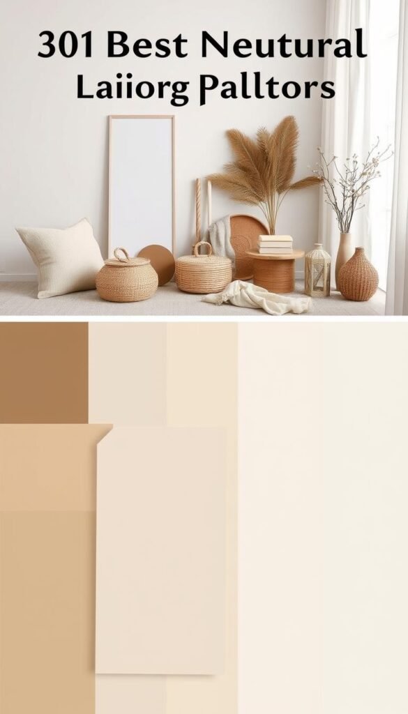 A stylish arrangement of carefully curated paint swatches, fabric samples, and decorative objects showcasing a harmonious palette of warm neutrals. The foreground features a collection of soft, earthy tones - muted beiges, gentle grays, and inviting creams, artfully displayed against a minimalist backdrop. The middle ground introduces subtle pops of texture, such as woven baskets, linen throws, and natural wood accents, while the background gently fades into a tranquil, light-filled space, evoking a sense of calm and sophistication. The overall mood is one of refined elegance and timeless appeal, creating a visually stunning representation of the best neutral color palettes for a warm, inviting living room design. A stylish arrangement of carefully curated paint swatches, fabric samples, and decorative objects showcasing a harmonious palette of warm neutrals. The foreground features a collection of soft, earthy tones - muted beiges, gentle grays, and inviting creams, artfully displayed against a minimalist backdrop. The middle ground introduces subtle pops of texture, such as woven baskets, linen throws, and natural wood accents, while the background gently fades into a tranquil, light-filled space, evoking a sense of calm and sophistication. The overall mood is one of refined elegance and timeless appeal, creating a visually stunning representation of the best neutral color palettes for a warm, inviting living room design.