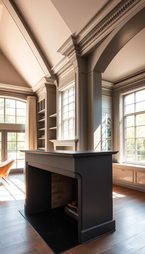 A sun-drenched living space with prominent grey architectural features. In the foreground, a sleek, angular fireplace mantel in a deep charcoal hue commands attention. The middle ground features intricate crown molding and built-in shelving, all finished in a soft, dove grey. The background showcases towering windows that flood the room with warm, diffuse natural light, casting subtle shadows that accentuate the textures of the grey surfaces. The overall atmosphere is one of refined sophistication and understated elegance, drawing the eye to the room's inherent architectural beauty. A sun-drenched living space with prominent grey architectural features. In the foreground, a sleek, angular fireplace mantel in a deep charcoal hue commands attention. The middle ground features intricate crown molding and built-in shelving, all finished in a soft, dove grey. The background showcases towering windows that flood the room with warm, diffuse natural light, casting subtle shadows that accentuate the textures of the grey surfaces. The overall atmosphere is one of refined sophistication and understated elegance, drawing the eye to the room's inherent architectural beauty.