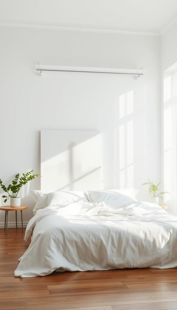 A sun-drenched white bedroom with an expansive window, the soft natural light cascading across the crisp linens and gleaming hardwood floors. In the foreground, an elegant abstract painting in muted hues of ivory, cream, and pale gray serves as the focal point, its brushstrokes and textures echoing the serene, minimalist atmosphere. Delicate houseplants accent the space, their verdant foliage adding a fresh, organic touch. The overall mood is one of calm, contemplative beauty, inviting the viewer to bask in the tranquility of this serene, light-filled sanctuary. A sun-drenched white bedroom with an expansive window, the soft natural light cascading across the crisp linens and gleaming hardwood floors. In the foreground, an elegant abstract painting in muted hues of ivory, cream, and pale gray serves as the focal point, its brushstrokes and textures echoing the serene, minimalist atmosphere. Delicate houseplants accent the space, their verdant foliage adding a fresh, organic touch. The overall mood is one of calm, contemplative beauty, inviting the viewer to bask in the tranquility of this serene, light-filled sanctuary.