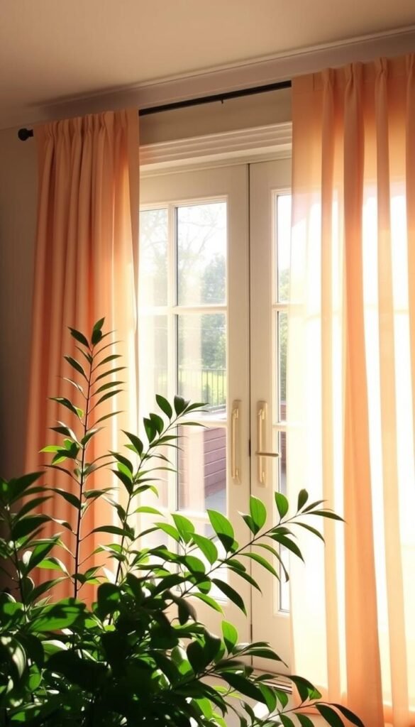 A sunlit sunroom with elegant door window treatments, bathed in warm, natural light. A lush, green plant fills the foreground, casting soft shadows. The windows stretch from floor to ceiling, framed by sheer, flowing curtains in a delicate, neutral hue that gently billow in the breeze. The room is filled with a serene, tranquil atmosphere, inviting relaxation and contemplation. The camera angle is slightly elevated, capturing the room's serene beauty and emphasizing the prominence of the door window treatments. Soft, diffused lighting creates a cozy, inviting ambiance, perfect for a peaceful sanctuary. A sunlit sunroom with elegant door window treatments, bathed in warm, natural light. A lush, green plant fills the foreground, casting soft shadows. The windows stretch from floor to ceiling, framed by sheer, flowing curtains in a delicate, neutral hue that gently billow in the breeze. The room is filled with a serene, tranquil atmosphere, inviting relaxation and contemplation. The camera angle is slightly elevated, capturing the room's serene beauty and emphasizing the prominence of the door window treatments. Soft, diffused lighting creates a cozy, inviting ambiance, perfect for a peaceful sanctuary.