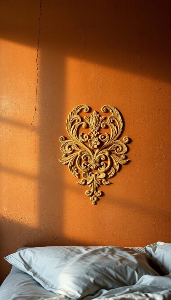 A textured, artfully-distressed bedroom wall, illuminated by soft, warm lighting that casts gentle shadows. The surface is a rich, earthy palette of muted tones - ochre, sienna, and umber - with subtle hints of metallic sheen peeking through layers of aged, weathered paint. Delicate cracks, sponged-on effects, and soft, brushed-on textures create an alluring sense of depth and character. A central focal point features an ornate, vintage-inspired floral motif, its intricate details carved into the wall. The overall aesthetic evokes a sense of timeless, rustic elegance - a captivating, visually-striking complement to the cozy, intimate ambiance of the bedroom. A textured, artfully-distressed bedroom wall, illuminated by soft, warm lighting that casts gentle shadows. The surface is a rich, earthy palette of muted tones - ochre, sienna, and umber - with subtle hints of metallic sheen peeking through layers of aged, weathered paint. Delicate cracks, sponged-on effects, and soft, brushed-on textures create an alluring sense of depth and character. A central focal point features an ornate, vintage-inspired floral motif, its intricate details carved into the wall. The overall aesthetic evokes a sense of timeless, rustic elegance - a captivating, visually-striking complement to the cozy, intimate ambiance of the bedroom.