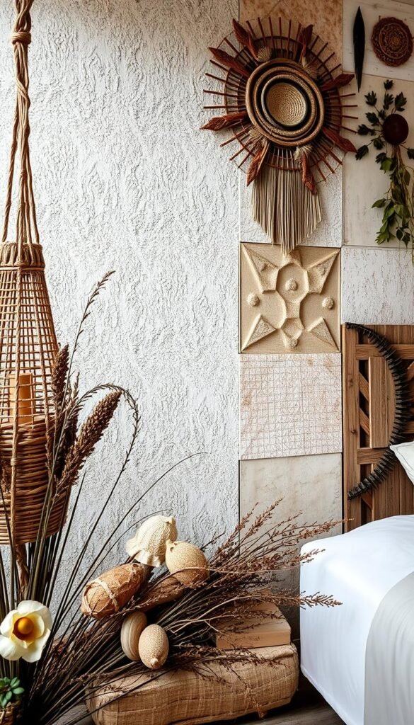 A textured bedroom wall with a captivating display of decorative elements. In the foreground, a cluster of natural materials like woven rattan, macramé, and dried botanicals creates a warm, organic aesthetic. The middle ground features a mix of textured wall panels, perhaps with subtle geometric patterns or a weathered, distressed finish, adding depth and character. The background showcases a subtle, muted color palette, with soft lighting that casts gentle shadows, enhancing the tactile qualities of the wall's surface. The overall atmosphere is one of tranquility, inviting the viewer to appreciate the intricate details and the harmonious balance of textures. A textured bedroom wall with a captivating display of decorative elements. In the foreground, a cluster of natural materials like woven rattan, macramé, and dried botanicals creates a warm, organic aesthetic. The middle ground features a mix of textured wall panels, perhaps with subtle geometric patterns or a weathered, distressed finish, adding depth and character. The background showcases a subtle, muted color palette, with soft lighting that casts gentle shadows, enhancing the tactile qualities of the wall's surface. The overall atmosphere is one of tranquility, inviting the viewer to appreciate the intricate details and the harmonious balance of textures.