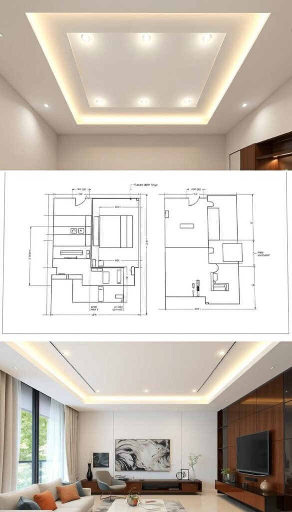 A thoughtful false ceiling design planning and measurement in a modern living room. A detailed architectural schematic shows the precise dimensions, angles, and lighting placements for an elegant, minimalist false ceiling. Soft, diffused illumination from recessed LEDs casts a warm glow, complemented by sleek, angular lines and seamless integration with the room's decor. The layout emphasizes balance, proportion, and careful consideration of scale. Crisp 3D renders showcase the careful attention to detail required for an expertly-crafted false ceiling that enhances the overall aesthetic and ambiance of the space.