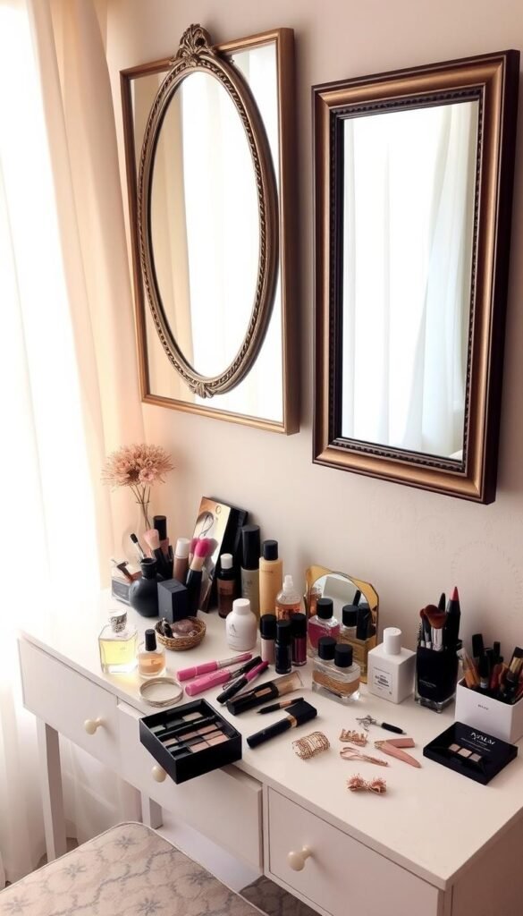 A vanity table with an array of makeup, accessories, and styling tools sits in a cozy, well-lit bedroom. Soft natural light filters through sheer curtains, casting a warm glow. On the surface, an assortment of perfume bottles, makeup brushes, and intricate hair clips are neatly arranged. Framed mirrors of varying shapes and sizes hang above, reflecting the scene. The overall atmosphere is one of effortless elegance and personal expression, inviting the viewer to imagine themselves indulging in a relaxing self-care routine.