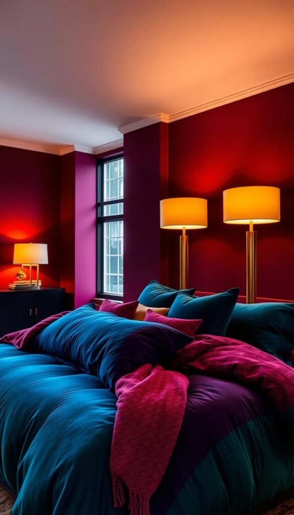 A vibrant and boldly-colored bedroom interior with a statement-making color palette. In the foreground, a plush, oversized king-sized bed with a rich, jewel-toned comforter in deep royal blue or emerald green. Piled high with luxurious pillows and textured throws. In the middle ground, two tall, modern floor lamps with brass or gold metallic finishes, casting a warm, ambient glow. The walls are painted in a dramatic, saturated hue like a deep burgundy or inky indigo, creating a moody and cocooning atmosphere. The lighting is a mix of soft, diffused natural light from a large window and the warm, golden illumination from the lamps. The overall effect is one of luxurious opulence and maximum visual impact.