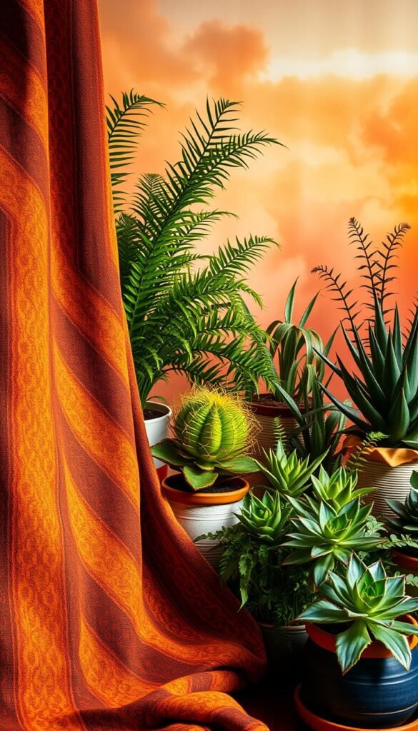 A vibrant, boho-inspired texture and color mixing scene. In the foreground, a rich tapestry-like fabric with intricate patterns in earthy tones of terracotta, mustard, and olive green. In the middle ground, an assortment of potted plants in varying shades of green, from lush ferns to sculptural succulents, creating a lush, organic backdrop. The background features a dreamlike, watercolor-esque blend of warm sunset hues, with soft, diffused lighting casting a cozy, intimate atmosphere. The overall composition conveys a sense of harmony, balance, and a touch of bohemian charm. A vibrant, boho-inspired texture and color mixing scene. In the foreground, a rich tapestry-like fabric with intricate patterns in earthy tones of terracotta, mustard, and olive green. In the middle ground, an assortment of potted plants in varying shades of green, from lush ferns to sculptural succulents, creating a lush, organic backdrop. The background features a dreamlike, watercolor-esque blend of warm sunset hues, with soft, diffused lighting casting a cozy, intimate atmosphere. The overall composition conveys a sense of harmony, balance, and a touch of bohemian charm.