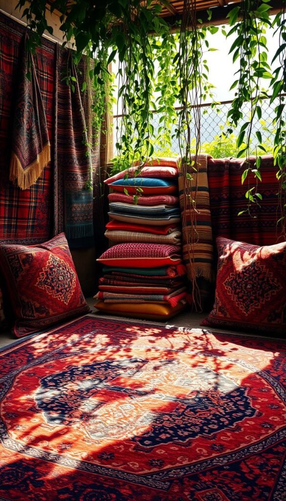 A vibrant, layered boho-inspired scene featuring an artful arrangement of intricately patterned rugs and textiles. In the foreground, an ornate, hand-woven rug in rich, earthy tones anchors the composition, its intricate design casting captivating shadows across the floor. In the middle ground, a stack of complementary textiles - pillows, throws, and tapestries - in a harmonious color palette of ochres, blues, and terracotta, create a cozy, inviting atmosphere. Cascading from the background, a lush, verdant jungle of leafy plants and trailing vines add a sense of global, bohemian flair, as soft, diffused lighting filters through the scene, evoking a warm, welcoming ambiance. A vibrant, layered boho-inspired scene featuring an artful arrangement of intricately patterned rugs and textiles. In the foreground, an ornate, hand-woven rug in rich, earthy tones anchors the composition, its intricate design casting captivating shadows across the floor. In the middle ground, a stack of complementary textiles - pillows, throws, and tapestries - in a harmonious color palette of ochres, blues, and terracotta, create a cozy, inviting atmosphere. Cascading from the background, a lush, verdant jungle of leafy plants and trailing vines add a sense of global, bohemian flair, as soft, diffused lighting filters through the scene, evoking a warm, welcoming ambiance.