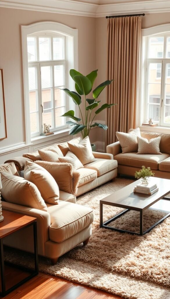 A warm and inviting taupe-toned living room, bathed in soft, natural lighting from large windows. Plush velvet seating in various shades of taupe, from light cream to deeper, earthy tones, create a calming and cohesive palette. Textured throw pillows and a fluffy area rug in complementary neutral hues add layers of visual interest. Wooden side tables and a sleek, minimalist coffee table ground the space, while a tall, leafy plant in the corner brings a touch of greenery. The overall atmosphere is one of tranquility and refined sophistication, perfect for a relaxing afternoon. A warm and inviting taupe-toned living room, bathed in soft, natural lighting from large windows. Plush velvet seating in various shades of taupe, from light cream to deeper, earthy tones, create a calming and cohesive palette. Textured throw pillows and a fluffy area rug in complementary neutral hues add layers of visual interest. Wooden side tables and a sleek, minimalist coffee table ground the space, while a tall, leafy plant in the corner brings a touch of greenery. The overall atmosphere is one of tranquility and refined sophistication, perfect for a relaxing afternoon.