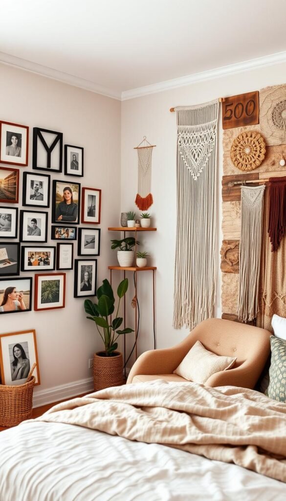 A warm, inviting bedroom with a focus on personalized DIY wall projects. In the foreground, a neatly arranged gallery wall showcases a variety of framed artwork, photographs, and handcrafted wall hangings. The middle ground features a cozy reading nook with a plush armchair and a decorative wall-mounted shelf displaying potted plants and quirky trinkets. The background highlights a large, textured accent wall with intricate macrame, string art, and wooden wall panels, creating a visually striking focal point. Soft, diffused lighting sets a relaxed, intimate mood, while the overall composition reflects a harmonious blend of modern and rustic design elements. A warm, inviting bedroom with a focus on personalized DIY wall projects. In the foreground, a neatly arranged gallery wall showcases a variety of framed artwork, photographs, and handcrafted wall hangings. The middle ground features a cozy reading nook with a plush armchair and a decorative wall-mounted shelf displaying potted plants and quirky trinkets. The background highlights a large, textured accent wall with intricate macrame, string art, and wooden wall panels, creating a visually striking focal point. Soft, diffused lighting sets a relaxed, intimate mood, while the overall composition reflects a harmonious blend of modern and rustic design elements.