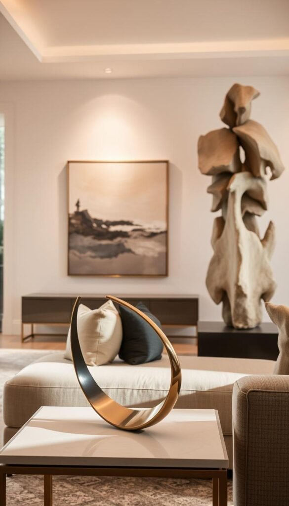 A warm, inviting living room with thoughtfully curated art and sculptural pieces. In the foreground, a sleek, modern sculpture in polished bronze sits atop a minimalist side table, casting soft shadows. In the middle ground, an abstract expressionist painting in muted tones hangs on the wall, drawing the eye with its emotive brushstrokes. The background features a large, statement-making sculpture in natural stone, its organic forms and textures complementing the room's elegant, sophisticated style. Soft, diffused lighting from hidden sources creates a serene, contemplative atmosphere, highlighting the artful elements and elevating the overall design. A warm, inviting living room with thoughtfully curated art and sculptural pieces. In the foreground, a sleek, modern sculpture in polished bronze sits atop a minimalist side table, casting soft shadows. In the middle ground, an abstract expressionist painting in muted tones hangs on the wall, drawing the eye with its emotive brushstrokes. The background features a large, statement-making sculpture in natural stone, its organic forms and textures complementing the room's elegant, sophisticated style. Soft, diffused lighting from hidden sources creates a serene, contemplative atmosphere, highlighting the artful elements and elevating the overall design.