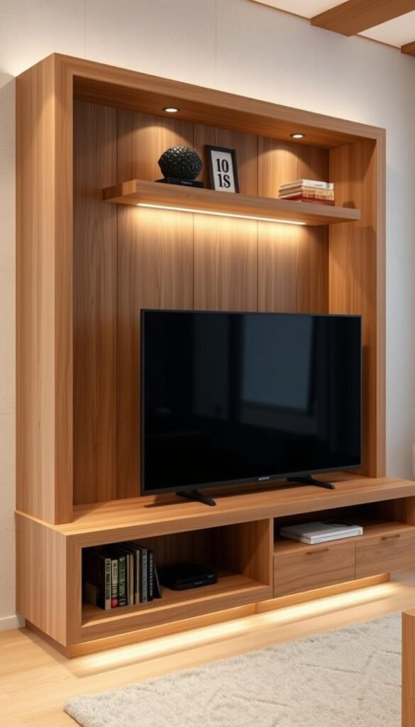 A warm, wooden entertainment unit design with a modern, minimalist aesthetic. Crafted from natural oak, the unit features clean lines, subtle textures, and a floating, floating shelves to display decor. Soft, ambient lighting from integrated LEDs casts a cozy glow, complementing the rich, honey-toned wood. The unit is positioned against a neutral, textured wall, allowing the natural beauty of the materials to take center stage. A large, flat-screen TV is seamlessly integrated, creating a harmonious, functional living space that exudes sophistication and character.