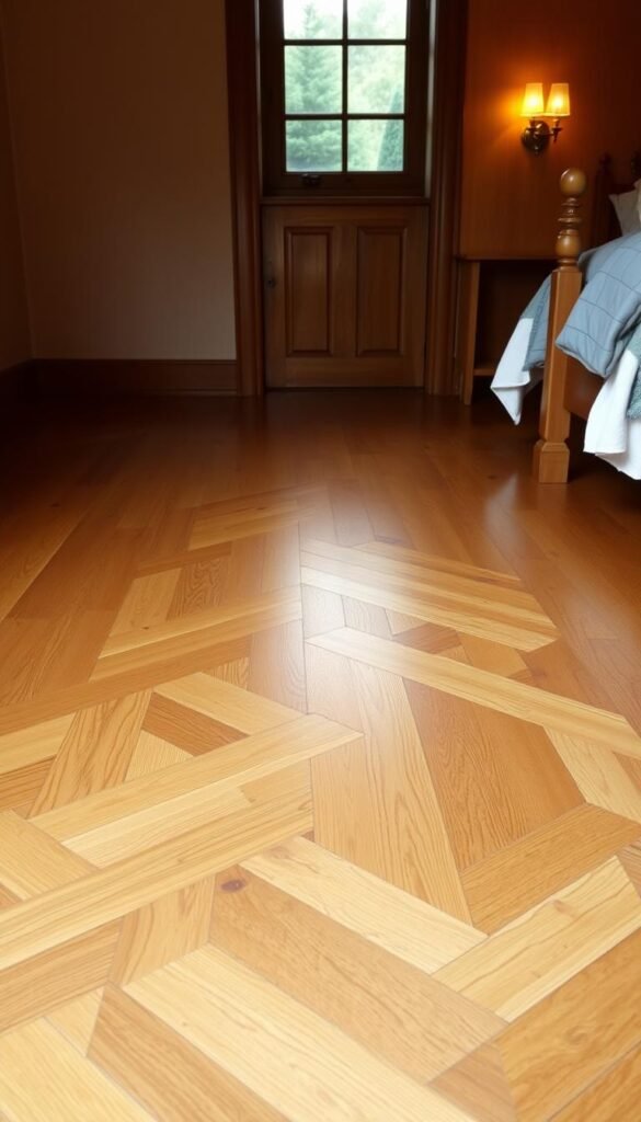 A warmly lit, well-crafted hardwood bedroom floor in a cozy, inviting room. The floor is composed of rich, honey-toned oak planks arranged in a classic herringbone pattern, their smooth, gleaming surface reflecting the soft illumination from a pair of antique brass wall sconces. The warm, ambient lighting casts a gentle glow, accentuating the natural wood grain and highlighting the floor's inherent character and charm. The scene evokes a sense of rustic elegance, a harmonious blend of traditional and modern design elements that create a serene, welcoming atmosphere. A warmly lit, well-crafted hardwood bedroom floor in a cozy, inviting room. The floor is composed of rich, honey-toned oak planks arranged in a classic herringbone pattern, their smooth, gleaming surface reflecting the soft illumination from a pair of antique brass wall sconces. The warm, ambient lighting casts a gentle glow, accentuating the natural wood grain and highlighting the floor's inherent character and charm. The scene evokes a sense of rustic elegance, a harmonious blend of traditional and modern design elements that create a serene, welcoming atmosphere.